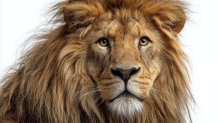 Fototapeta premium Majestic lion with a thick mane gazes intently at the camera in a naturalistic studio setting during daylight hours Generative AI