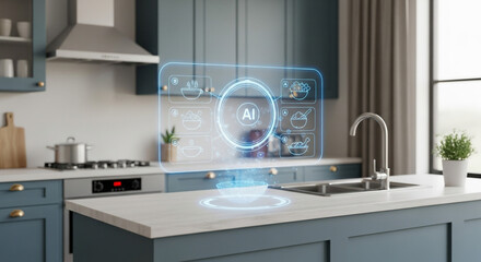 Futuristic AI kitchen interface displays recipes and cooking guidance on smart countertop
