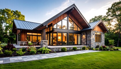 Modern log home exterior at sunset