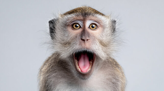 Monkey expresses surprise with mouth open widely, showcasing its vibrant personality in a neutral background setting Generative AI