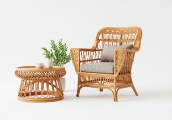 Wicker armchair and round side table with plant isolated on white background