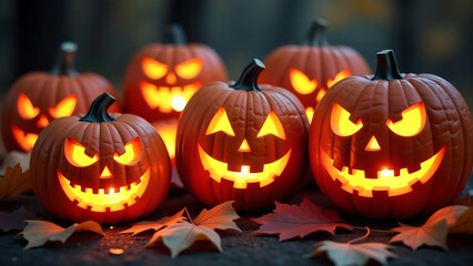 Fototapeta premium cluster intricately carved eerie asymmetrical grins fills frame golden eyes glowing softly