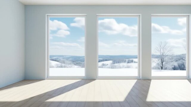 Bright interior space with winter landscape view white room with large windows and wooden floor