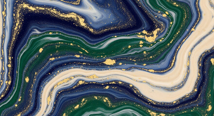 Stunning abstract marble texture with flowing waves of deep blue, emerald green, and gold accents