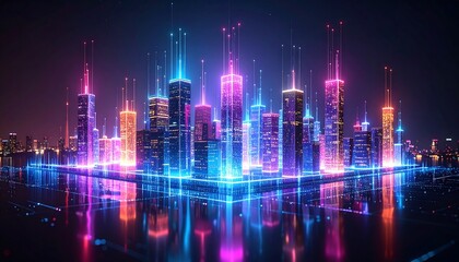 Cityscape at Night with Neon Lights and Reflections