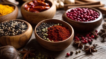 Colorful spices herbs wooden bowls lifestyle decorative culinary inspiration modern artistic photography composition stylish arrangement design concept