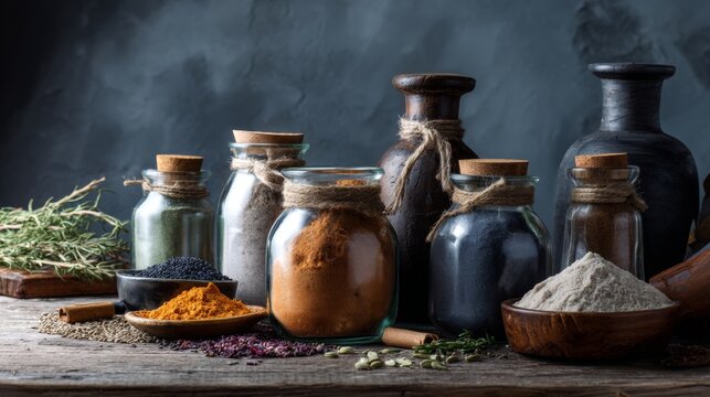Still life with rustic jars spices and flour natural organic decorative composition
