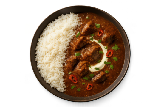 Hearty beef curry with fluffy white rice, isolated on transparent background