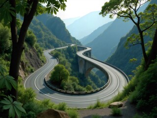 緑豊かな山岳地帯を蛇行する道路と橋 緑の木々がフレームを彩る 美しい自然の風景