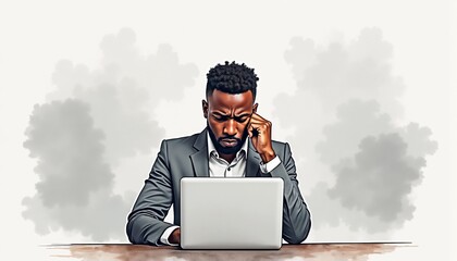 African male consultant with a tired face, focused on laptop, muted gray wash, copy space