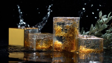 Creative splash photography with cubes of drink and ice lifestyle decorative inspiration composition