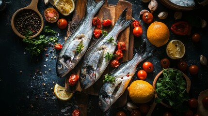 Rustic still life with fish vegetables and herbs culinary decorative lifestyle inspiration composition