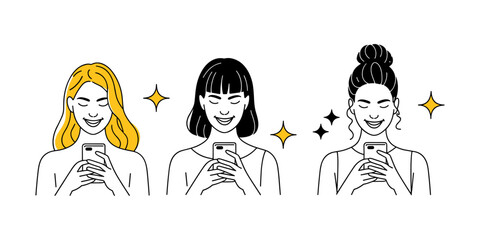 Minimalist Illustration of Three Women Using Smartphones with Different Hairstyles Sparkles