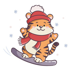 Vector illustration in a simple kawaii style on a white background. A cute tiger riding a snowboard wearing a winter hat. . Vector illustration