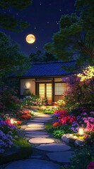 Fototapeta premium A Japanese-style bungalow with bright lights, flowers, and trees in the yard under moonlight