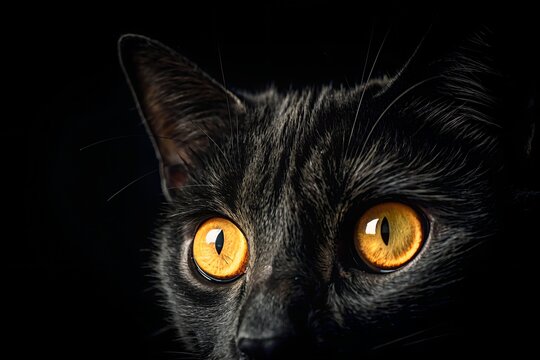 AI-generated image Striking portrait of a black cat with piercing yellow eyes emerging from the darkness. A mysterious and intense feline gaze in a low-key close-up.
