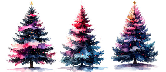 Watercolor Christmas trees with colorful lighting