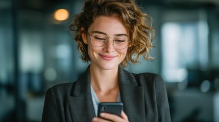Smiling young woman with curly hair and glasses using smartphone in modern indoor setting