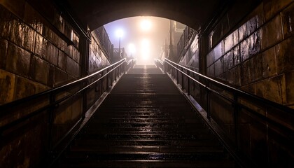 Climbing Stairs Through Tunnel on Foggy Night with Lights