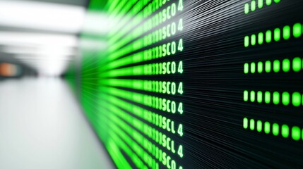 Wide panoramic shot of trading floor with green finance tickers showing carbon credit prices