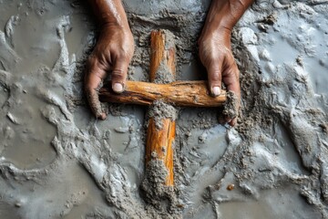 Obraz premium Crafting cross from driftwood on shore