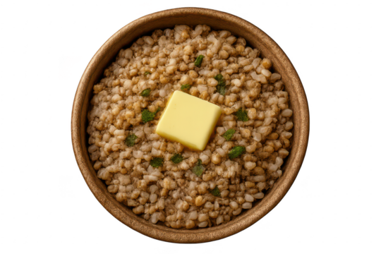 Barley groats with butter isolated on transparent background, healthy food