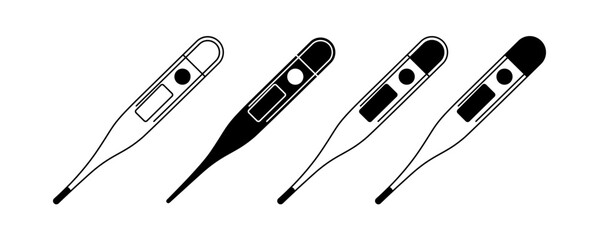 This image presents a collection of simple, black and white icons depicting various types of digital thermometers.