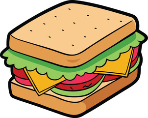 Cartoon Sandwich with Lettuce Cheese and Tomato food