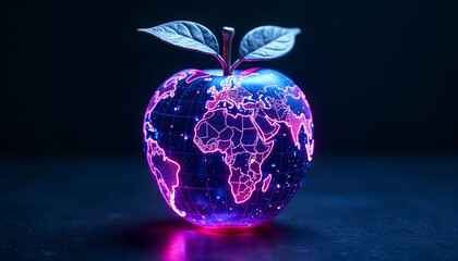 Futuristic cyberpunk artwork of an apple shaped like planet Earth, glowing neon in blue, purple, and pink.