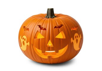 Carved halloween jack o lantern with ghosts and bats isolated on white background