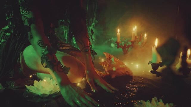 hands close-up body part, river nymph fantasy woman touching water. black night lake fog magic light green plant lily flower. Dark silhouette sexy fairy elf girl dress ivy leaf bracelets. witch spell