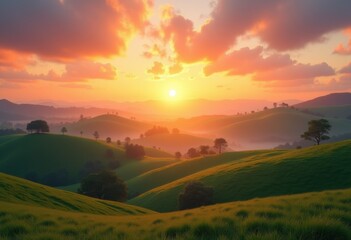 Obraz premium breathtaking sunset over rolling green hills radiating warmth serenity nature scenery panoramic view relaxing landscape, vista, wilderness, evening, cloud
