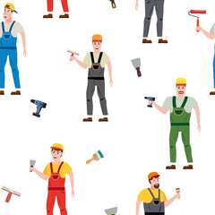 Seamless pattern construction workers uniforms repair on construction site