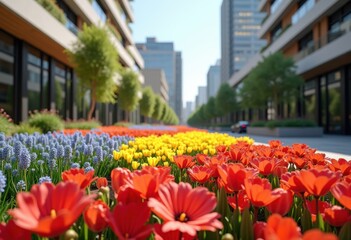 bright vibrant flower beds blooms urban courtyard colorful nature oasis cityscape, garden, petal, plant, greenery, landscape, flora, pavilion, bench