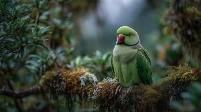 A vibrant green Indian ringneck parakeet elegantly perches on a mossy branch in a sunlit rainforest canopy.