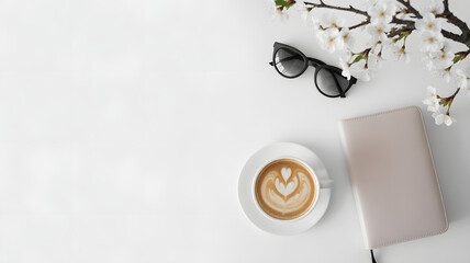 Serene workspace: An overhead shot of a tranquil desk scene featuring a coffee, a notebook, a pair of glasses, and a delicate blossom, radiating peace and productivity.