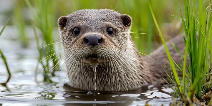 Wild otter is exploring the shore and water in its natural habitat