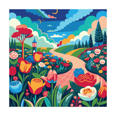 Obraz premium Colorful Cartoon Landscape with Flowers, Trees, and Winding Path