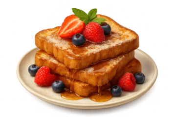 Delicious french toast stack with berries and syrup, isolated on transparent background