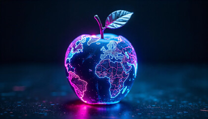 Futuristic cyberpunk artwork of an apple shaped like planet Earth, glowing neon in blue, purple, and pink.