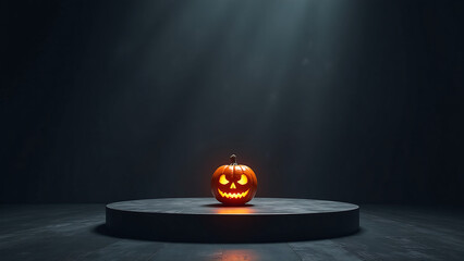 dimly lit abandoned stage stands dark textured backdrop illuminated glowing warm golden light atop