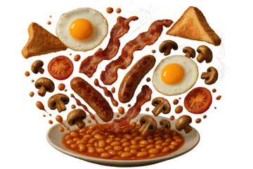 Dynamic full English breakfast components floating, isolated on transparent background