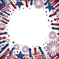Fototapeta premium Patriotic 4th of July concept: red, white, and blue star-shaped fireworks and flag elements on a clean background.