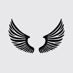 Black feathered wings spread wide on light gray background feathers symmetrical