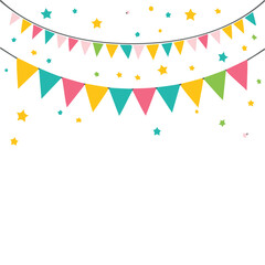 Colorful bunting flags and stars decoration confetti yellow