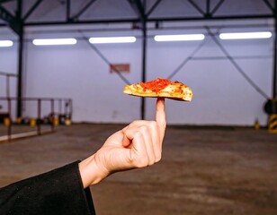 Pizza slice balanced on a finger