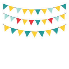 Festive colorful triangular bunting flags strung across white background vector