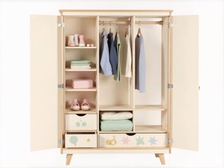 オープンになったベージュの子供用ワードローブ木製家具のインテリア収納クローゼットデザイン明るい背景
