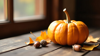 fallen gourd rests beside scattering golden fall leaves acorns dark wooden tabletop bathed warm soft light