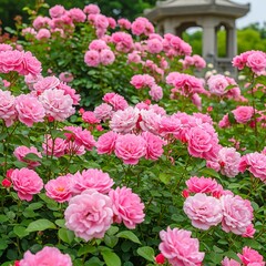 Abundant pink roses bloom in a lush garden landscape with a gazebo structure